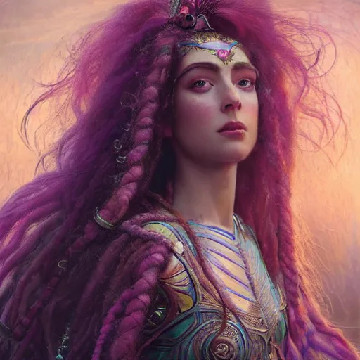 Image similar to octane render, artstation, 8 k, intricate detail, hyper detail, portrait by gaston bussiere, greg rutkowski, sandro botticelli, tan lady of elche, egyptian sumerian features, techno mystic goddess princess intergalactica inanna with aqua neon rapunzel dreadlocks,