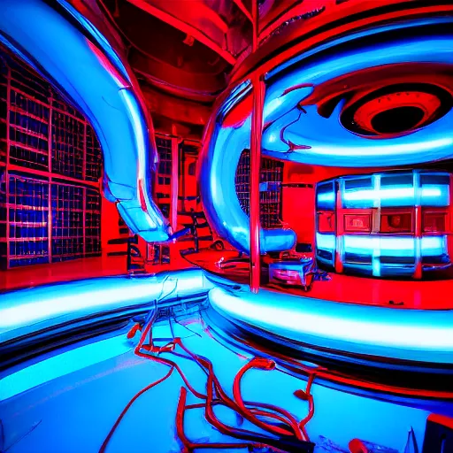 Image similar to interior of alien laboratory with strange device at the center of a room, eerie blue and red colors, photo, 4 k