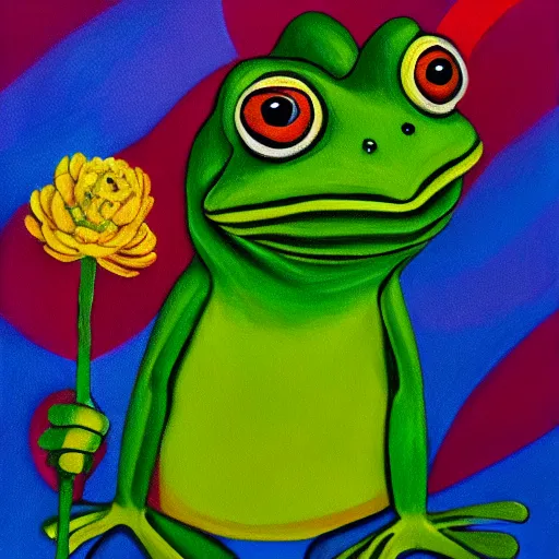 Image similar to alex jones holding a frog, frog, rainbow colors, oil on canvas