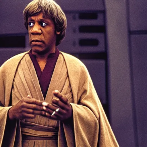 Prompt: Bill Cosby as Luke Skywalker, 70mm print, Star Wars film still,