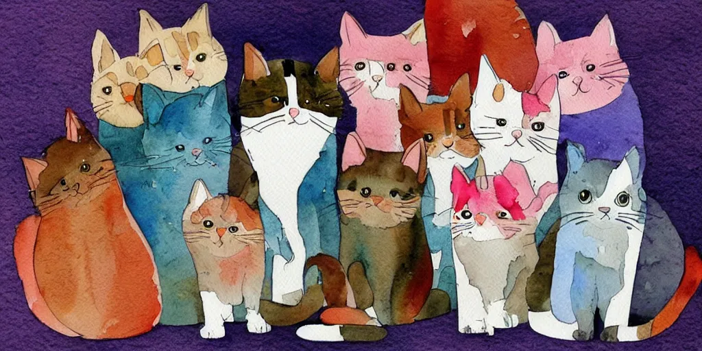 Image similar to watercolor illustration style, cute! cats!!! watch news