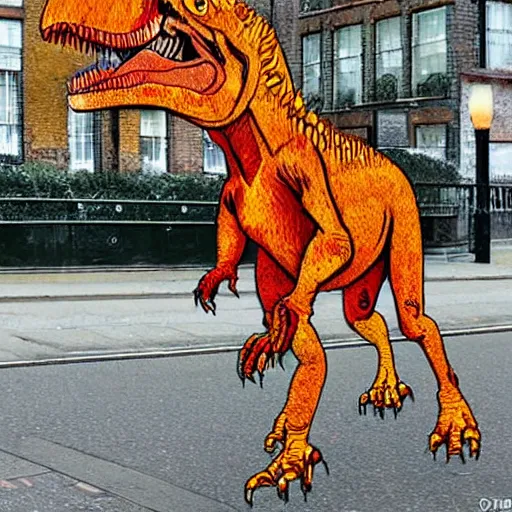 Prompt: a tyrannosaurus rex walking through the streets of london in the style of van gogh