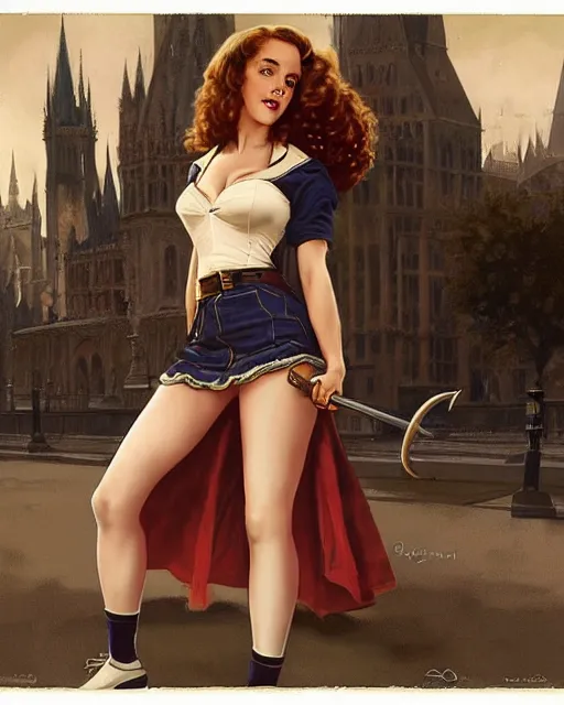 Image similar to pinup photo of hermione granger by emma watson in the crowded square of the city, by greg rutkowski, gil elvgren, enoch bolles, kezie demessance, glossy skin, pearlescent, very coherent, very detailed