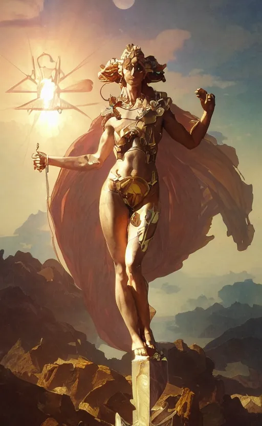 Image similar to cyberpunk four armed statue of the goddess of the sun helios descending from olympus, artstation, concept art, smooth, sharp focus, illustration, art by artgerm and greg rutkowski and alphonse mucha and william adolphe bouguereau and john william waterhouse and gianlorenzo bernini