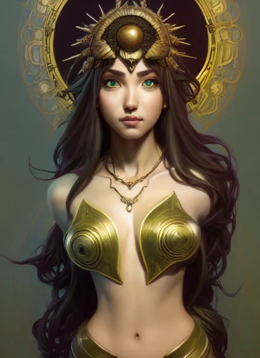 Prompt: portrait, head and torso only, palutena, concept art, digital illustration, by rossdraws, frank franzzeta, intricate, elegant, hyper detailed, ultra definition, photoreal, artstation, unreal engine rendered, concept art, smooth, sharp focus, illustration, art by artgerm and greg rutkowski and alphonse mucha and garis edelweiss