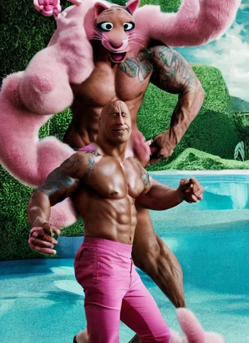 Prompt: dwayne johnson as pink panther styled by nick knight posing in an expensive mansion setting, vogue magazine, highly realistic. high resolution. highly detailed. dramatic. 8 k. 4 k.