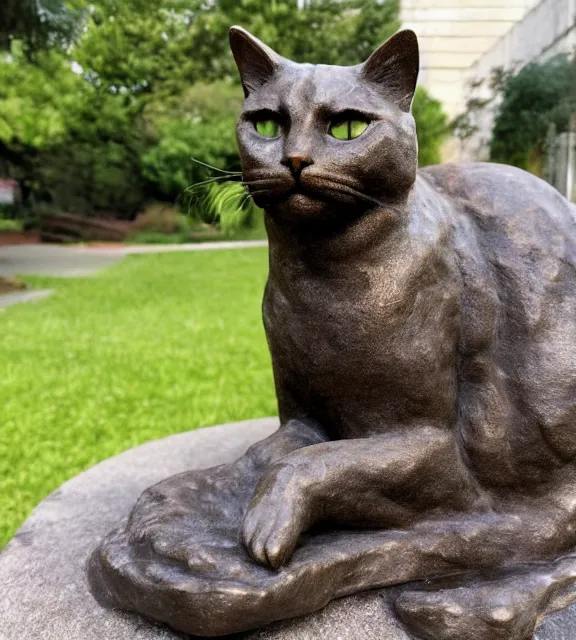 Image similar to a 4 k photorealistic photo medium shot of a bronze statue of a cat.