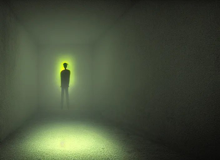 Image similar to man in a luminous yellow [ liminal room ]!!, 4 k photorealism, horror - esque, eerie atmosphere, dark - bright lighting