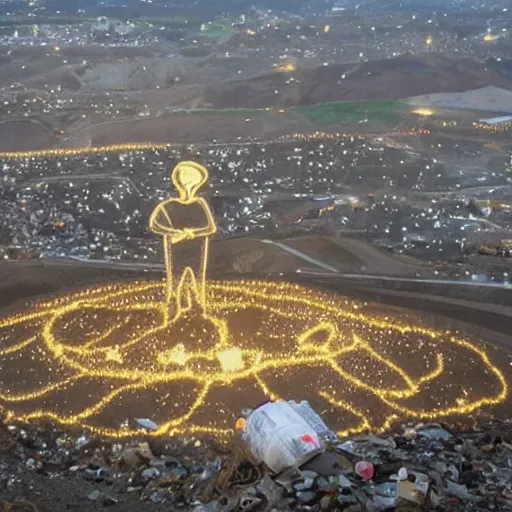 Prompt: landfill with an light angel on top