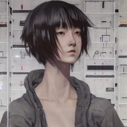 Image similar to portrait of lain iwakura connected to a room full of cables computers and displays by ruan jia and joao ruas. atmospheric