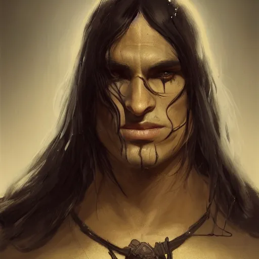 Prompt: character design, portrait of a attractive half elf half orc male with long black hair and proeminent cheekbones, medieval, dark armor, tribal, painting by wlop, nixeu and greg rutkowski, beautiful, cgsociety, semirealism, artstation, octane render, sharpness, 8 k, golden ratio