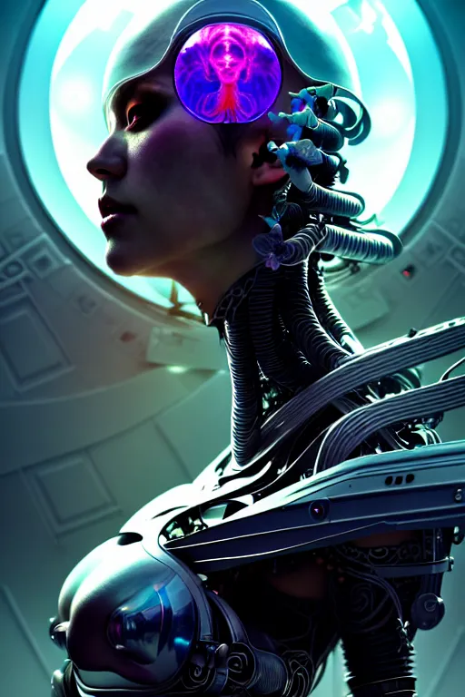 Image similar to ultra detailed female android deity, cyborg humanoid, gothic, ethereal, flowerpunk, scifi, fantasy, cyberpunk, octane render, megalopolis, unreal engine, asymmetrical!!! intricate concept art, triadic color, art by artgerm and wlop and giger and greg rutkowski and alphonse mucha, 8 k