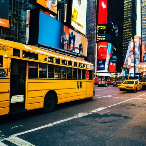 Prompt: yellow school bus being swallowed by giant snake, time square, cinematic, dramatic, film still