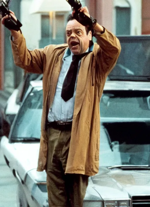 Image similar to film still of Del Boy from Only Fools & Horses as John McClane in Die Hard, 4k