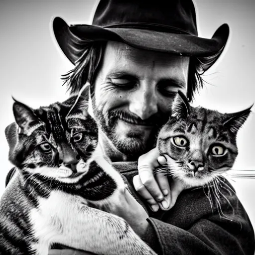 Image similar to close - up photograph of a cowboy holding a cat, black and white, detailed, 8 k, grain, dramatic backlighting