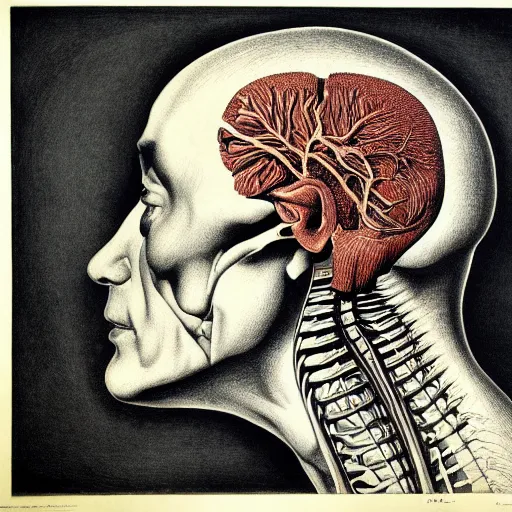 Prompt: head anatomical atlas dissection center cut, lithography on paper conceptual figurative ( post - morden ) monumental dynamic soft shadow portrait drawn by hogarth and escher, inspired by goya, illusion surreal art, highly conceptual figurative art, intricate detailed illustration, controversial poster art, polish poster art, geometrical drawings, no blur