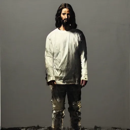 Prompt: a full body lookbook portrait of modern - day jesus wearing virgil abloh off - white menswear and sneaker collection by nicola samori, detailed, realistic oil painting, hyper - realistic, 8 k, off - white collection