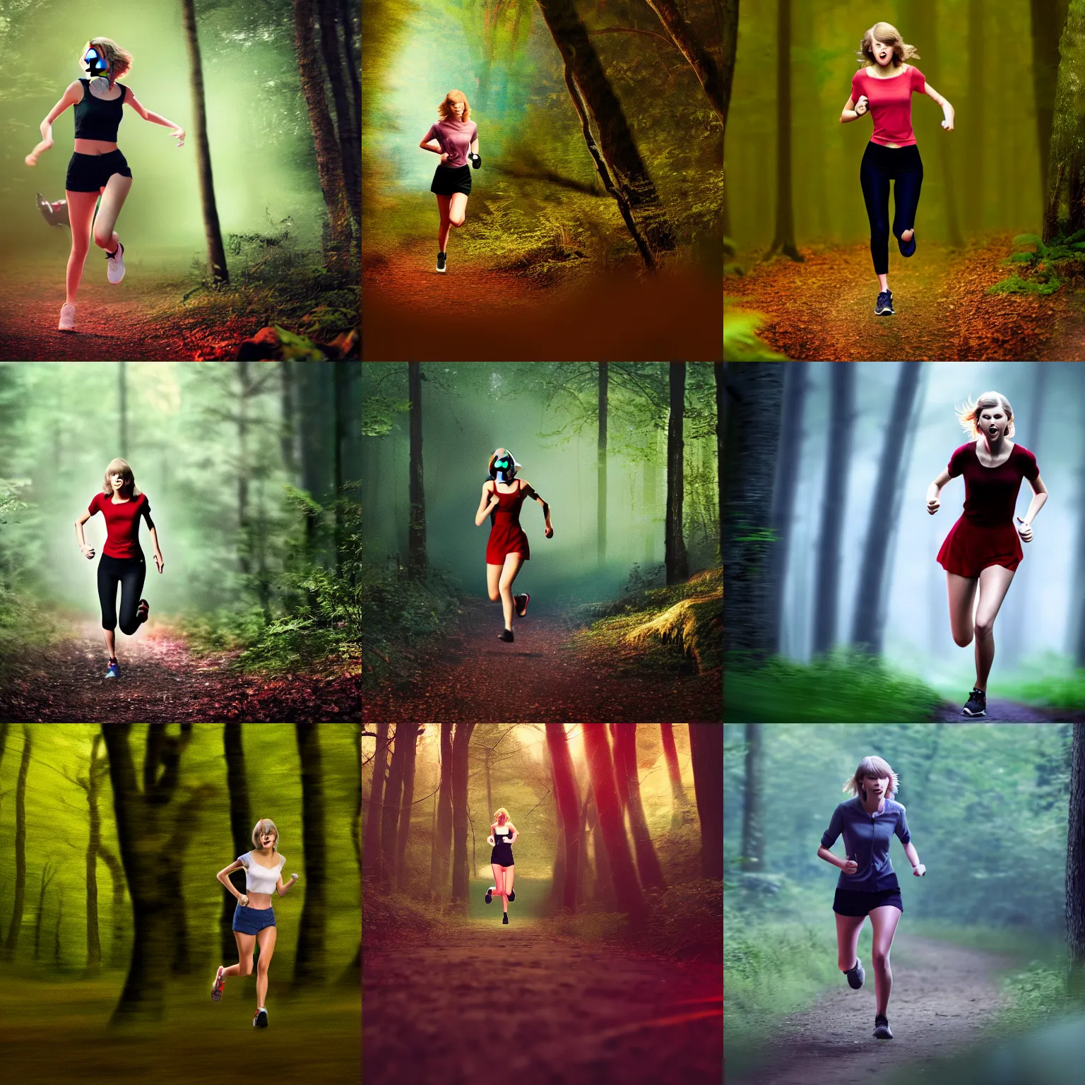 Prompt: taylor swift running in a forest, found footage, motion blur, 4 k, trending on artstation