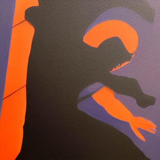 Image similar to Demon ninja warrior, Acrylic on canvas, low-key lighting, low angle, somber, sinister, doom, haunting