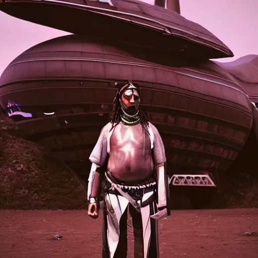 Image similar to portrait of iroquois warrior standing in front of a space ship command center, fashion editorial photography, waist up, low angle