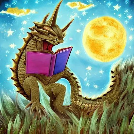 Image similar to cute dragon reading book under the stars, digital art