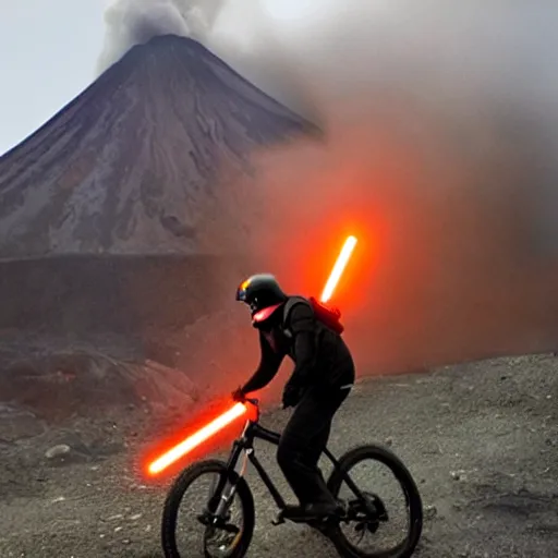 Image similar to darth vader riding a mountain bike through an active volcano