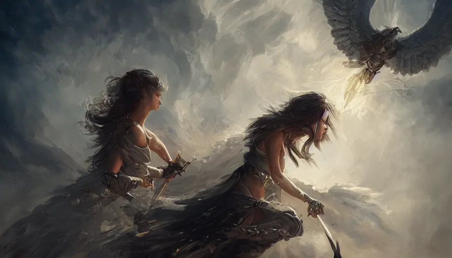 Image similar to A beautiful detailed painting of a female angel warrior reigns on a magical foresby greg rutkowski and Kalin Popov , Trending on artstation HD.