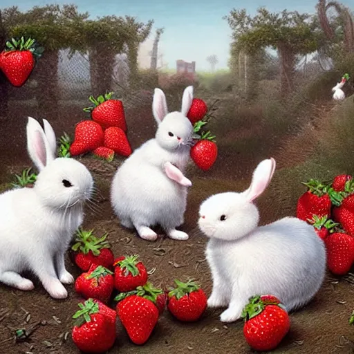 Image similar to fluffy brown, black, white bunnies playing in the strawberry garden, lowbrow, matte painting, 3 - d highly detailed, style of greg simkins