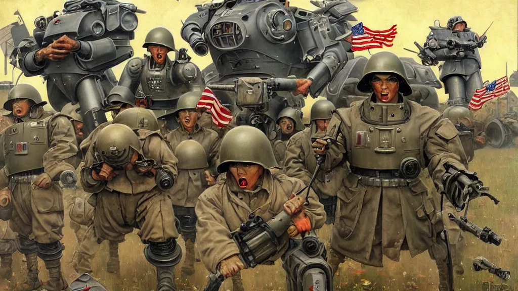 Image similar to America and Japan fight WWII with mechs, in the style of Norman Rockwell, sci-fi illustrations, highly detailed, award-winning, patriotic, american, dark, gritty, oil painting