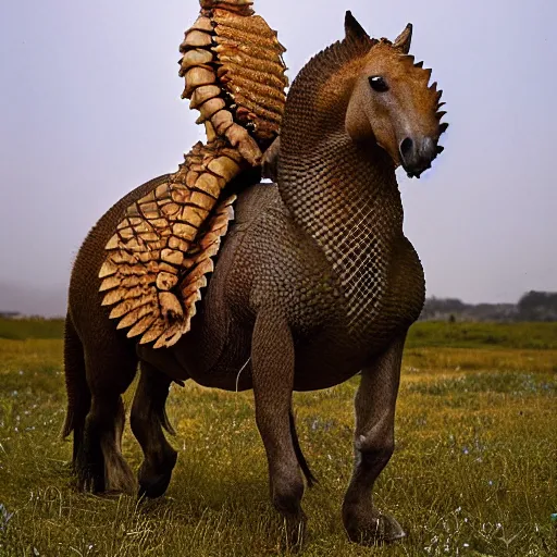 Image similar to a Horse with the armor of a pangolin, national geographic photograph