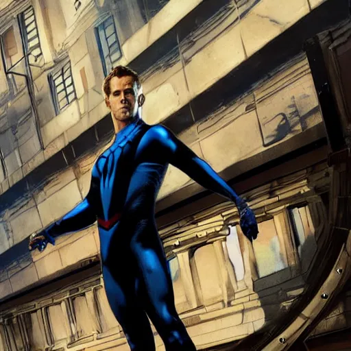 Image similar to ryan reynolds as spider - man, wearing a black and blue suit, cinematic, volumetric lighting, f 8 aperture, cinematic eastman 5 3 8 4 film, photorealistic by greg rutkowski, by stanley artgerm, by alphonse mucha