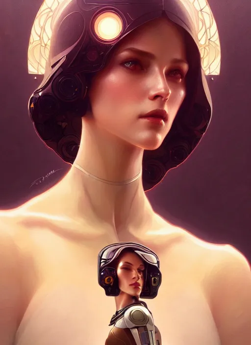 Image similar to portrait of female android, intricate, elegant, highly detailed, digital painting, artstation, concept art, smooth, sharp focus, illustration, art by artgerm and greg rutkowski and alphonse mucha
