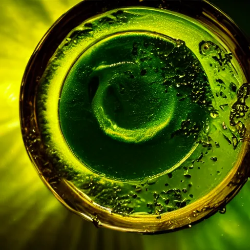 Image similar to a green liquid mixed with honey, waving, flowing, dramatic lighting