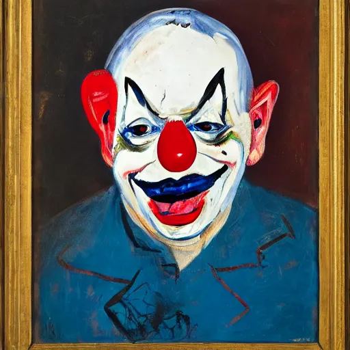 Prompt: painting of a clown sitting on a chair, staring at you, by georg baselitz