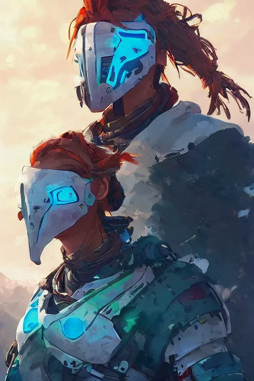 Image similar to combination suit armor aloy horizon forbidden west horizon zero dawn robot ninja mask helmet backpack tribal, art gta 5 comics, official fanart behance hd artstation by jesper ejsing, by rhads, makoto shinkai and lois van baarle, ilya kuvshinov, ossdraws radiating a glowing aura cgi rtx 2 0 2 2