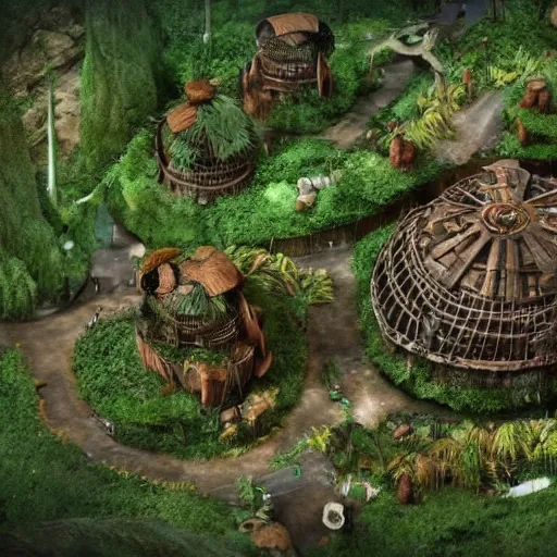 Prompt: A tribal village inside a clockwork dome, detailed and fully realized immersive dystopian verdant reclamation or natural ways, realistic, natural rusted technology