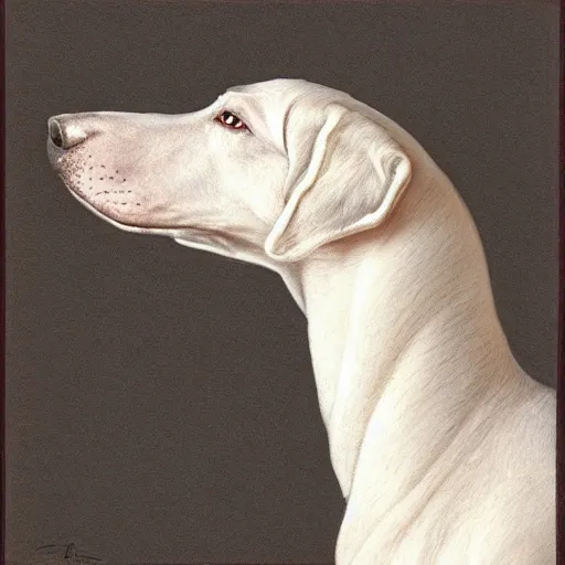 Prompt: Portrait of an White Greyhound mixed with a horse. Very high quality. Drawn by James Christensen