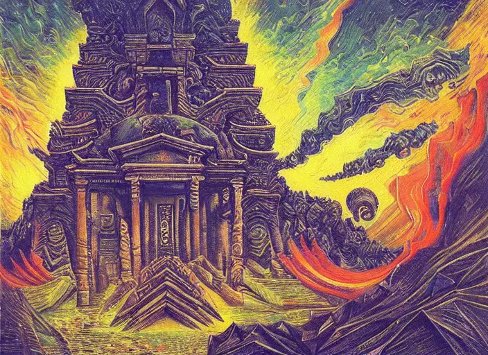 Image similar to “A surreal oil painting of an ancient temple guarded by Ra, by Dan Mumford and Umberto Boccioni, open portals, realistic shading, complimentary colors, vivid colors, aesthetically pleasing composition, masterpiece, 4k, 8k, ultra realistic, super realistic”