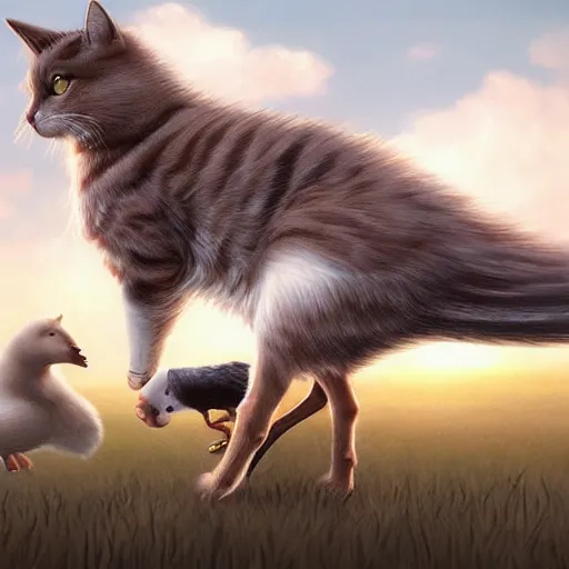 Prompt: cat fighting with goose, field in background, high details, art by artgerm, trending on artstation