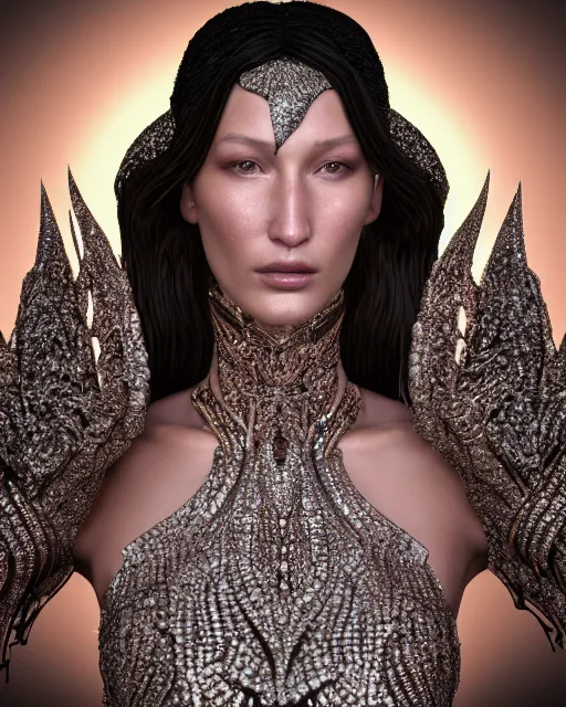 Image similar to a highly detailed metahuman 8 k close up render of bella hadid renaissance in iris van herpen dress in diamonds crystals swarovski and jewelry iridescent in style of gustav klimt on artstation made in unreal engine 4