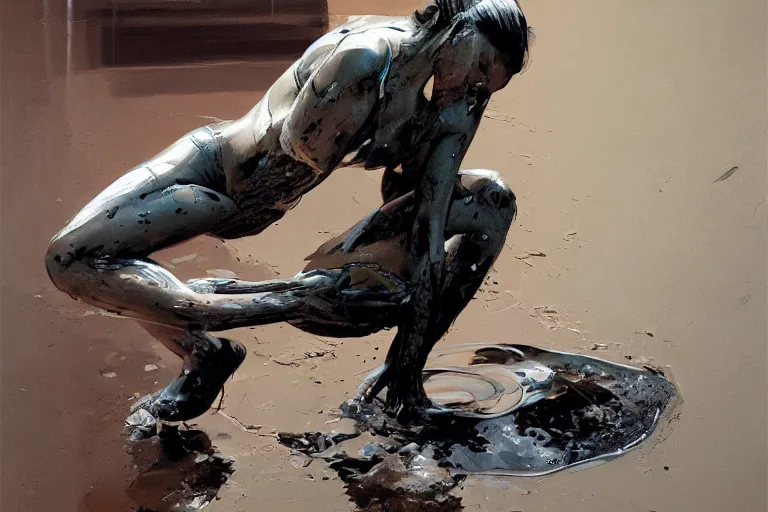 Prompt: muddy cyborg hand touching a puddle by syd mead, digital painting, artstation cgsociety