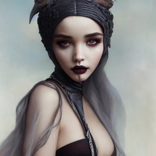 Prompt: tom bagshaw portrait, beautiful asian mix of dove cameron madison beer bella poarch in a full dress, gothic makeup, professionally retouched, focus eyes, ultra realistic soft painting, insanely detailed linework, symmetrical accurate intricate features, behance, 8 k