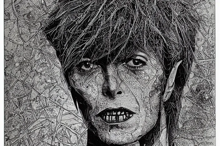 Image similar to david bowie aladdin sane by ed fairburn, joseph clement coll, franklin booth