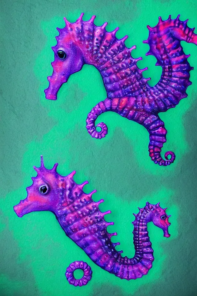 Prompt: a portrait of a purple seahorse statue on a cobblestone platform lush with various plants, black paper, beautiful intricate painting by kokaris