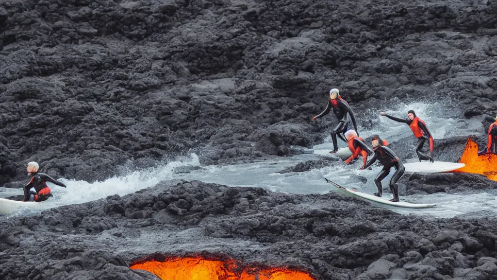Prompt: people in suits of armor surfing down a river of lava on the side of a volcano on surfboards, action shot, dystopian, motion blur, sharp focus, cinematic