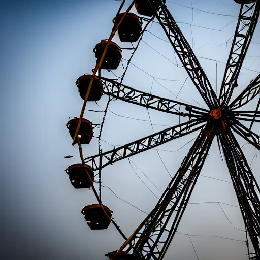 Image similar to an old abandoned rusty ferris wheel, in a town filled with pale yellow mist. Dystopian. Award-winning colored photo. Sigma 40mm f/1.4 DG HSM