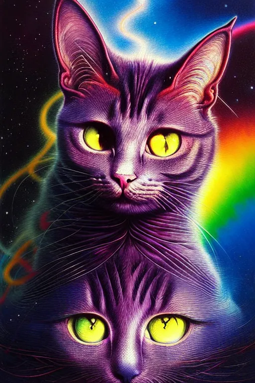 Prompt: realistic detailed image of a rainbow cat in space, depth perception, depth of field, action horror by lisa frank, ayami, kojima, amano, karol bak, greg hildebrandt, and mark brooks, neo - gothic, gothic, rich deep colors. beksinski painting, part by adrian ghenie and gerhard richter. art by takato yamamoto. masterpiece