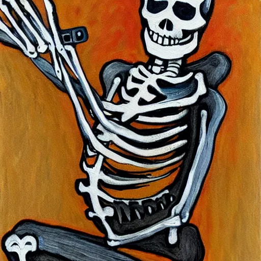 Prompt: skeleton taking a selfie, painting by mr. fish