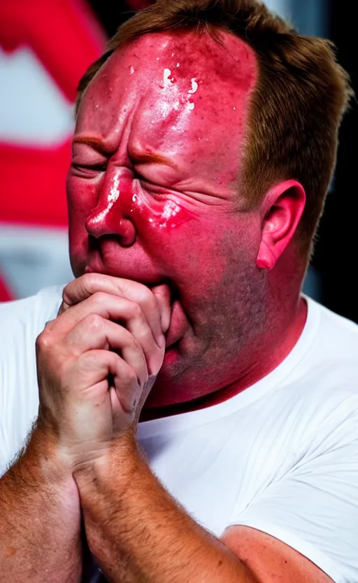 Image similar to photograph of alex jones red faced sweating and crying, he has lost everything