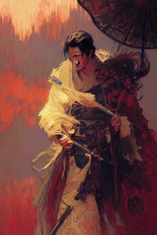 Prompt: attractive man, ghost of tsushima, cool colors, painting by gaston bussiere, craig mullins, greg rutkowski, alphonse mucha